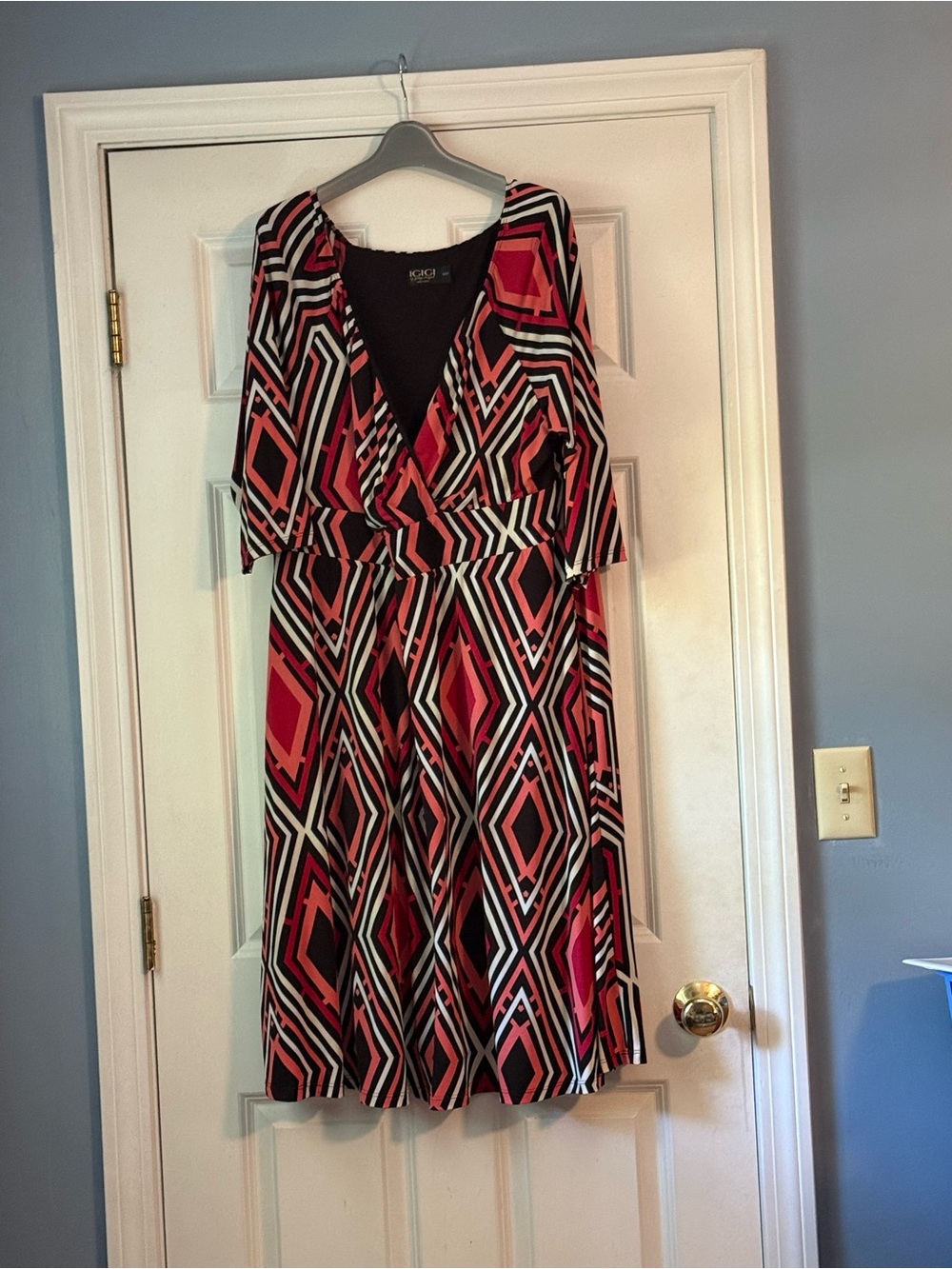 Igigi Black, Pink, and White Geometric Faux-Wrap Midi Dress